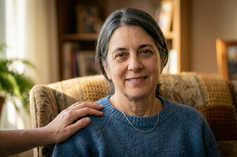 An elderly woman smiles warmly at home with a caregiver's reassuring hand on her shoulder