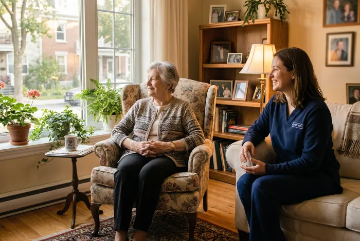 A caregiver and elderly client share a quiet conversation in a warm, sunlit living room, embodying Graceland's commitment to dignified, compassionate home care.