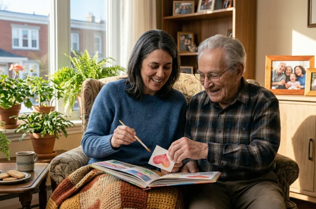 An adult daughter holds her aging parent's hand in the quiet of their family home, reflecting the personal experience that inspired Graceland's founding.
